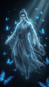 一個幽靈般的人物穿著飄逸的長袍，在黑暗空間中被發光的藍色蝴蝶和光束包圍。