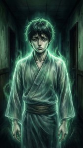 一個穿著長袍的半透明年輕男子，在黑暗的走廊中發出綠光。
