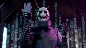 一個戴面具的人物，雙手發光，被漂浮在霓虹光中的中文字元包圍。