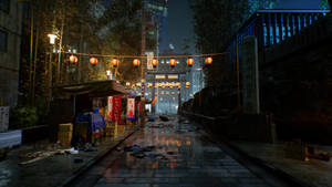 雨夜的東京小巷，發光的燈籠和神社大門。