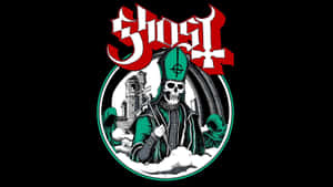 Ghost 樂隊標誌，包含一個穿著綠色主教服飾、手持權杖的頭骨。