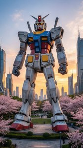 夕陽下城市公園中盛開櫻花的巨大高達雕像。
