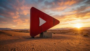 沙漠中夕陽下的大型紅色YouTube播放按鈕雕塑。