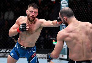 兩名戴著MMA手套的男性拳手在八角籠內互相出拳。 — 拳擊 壁紙