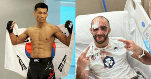 兩名UFC戰士，一名舉旗慶祝，另一名受傷在醫院病床上微笑。 — 冠軍 壁紙