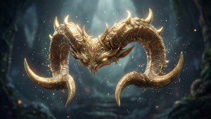 金色惡魔公羊，眼睛發光，漂浮在黑暗森林中。
