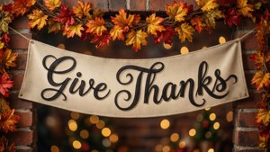 一個寫有「Give Thanks」的橫幅掛在磚牆上，牆上裝飾著秋葉和溫暖的燈光。