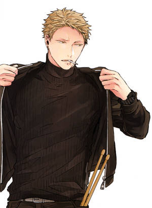 動漫男性鼓手，金髮，手持鼓棒，穿著黑色衣服。 — 給定 壁紙