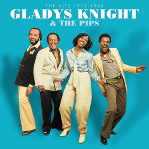 Gladys Knight and The Pips 身穿1970年代風格西裝，在藍色背景上快樂地擺姿勢。 — 音樂 GIF 壁紙
