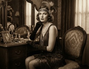 一位1920年代飛女郎，身穿流蘇裙和羽毛頭帶，在復古梳妝檯前擺姿勢。