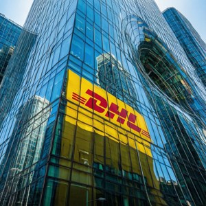帶有DHL標誌的玻璃建築，反射周圍的城市結構。
