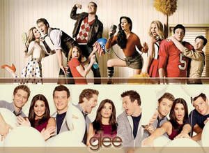 Glee 電視劇演員以兩排姿勢，手持氣球和啦啦隊道具。