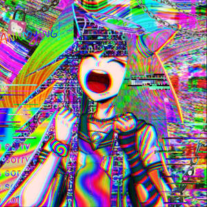帶有貓耳的動漫女孩在故障的彩虹數位藝術中尖叫。