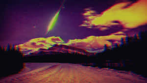 一條帶有故障效果的霓虹燈山間公路，流星劃過夜空。