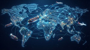 發光藍色數碼世界地圖，船隻和飛機通過光線連接大陸。