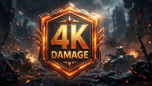 發光金色 4K DAMAGE 標誌在戰場上，有坦克和飛舞餘燼