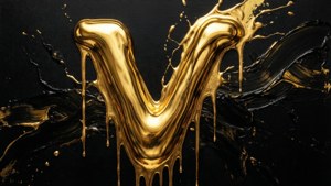 金色字母V在黑色背景上滴落液體黃金。