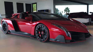 紅色林寶堅尼 Veneno 跑車在現代車庫中，外面有棕櫚樹。 — 蘭博基尼 壁紙