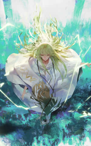動漫角色，綠色頭髮，白色長袍，被發光的能量包圍。 — Honor Pad 壁紙