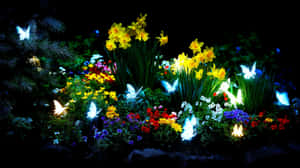 夜晚的花園，發光的花朵和蝴蝶燈。