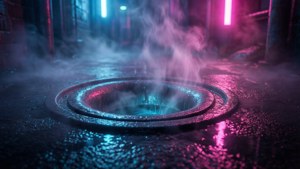 夜晚落雨嘅城市後巷中，霓虹燈照亮嘅渠蓋噴出蒸氣。