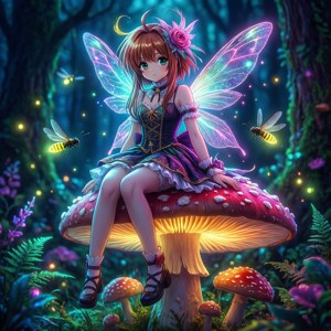 擁有發光翅膀的仙女坐在夜晚魔法森林中的巨型蘑菇上。