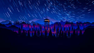 夜晚星軌下的森林防火瞭望塔