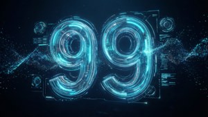 未來風格發光數字99，數位介面帶粒子效果