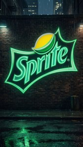 霓虹燈 Sprite 標誌在雨夜城市的濕磚牆上發光。