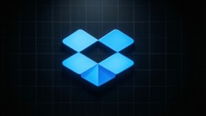 發光藍色 Dropbox 標誌在深色網格背景上