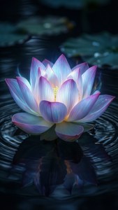 一朵發光的紫白色蓮花漂浮在黑暗的漣漪水面上，帶有荷葉倒影。