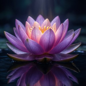 一朵帶有黃色花心的紫色蓮花漂浮在深色水面上，顯示清晰的倒影