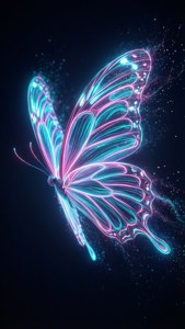 霓虹蝴蝶在黑暗宇宙空間中閃爍粒子中飄浮，翅膀發光。