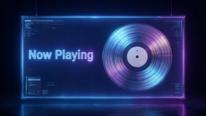 霓虹燈牌帶有「Now Playing」和全息黑膠唱片，發出藍色和紫色光芒。