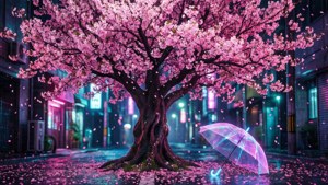雨中霓虹都市小巷中的粉紅櫻花樹與發光雨傘
