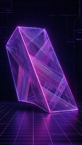 發光的紫色幾何棱鏡在帶有電路線的數位網格地板上。
