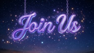 寫著「Join Us」的霓虹燈牌掛在滿天星斗的夜空中。