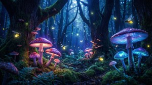 黑暗魔法森林中發光蘑菇和螢火蟲與長滿苔蘚的樹木