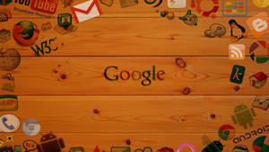 木質背景上的 Google 標誌，邊緣有科技圖標 — 凌志標誌 GIF 壁紙