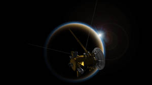 金色太空船在太空中繞著一顆擁有發光大氣層的行星運行。 — 月亮 壁紙