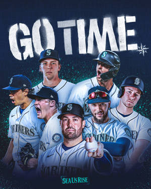 西雅圖水手隊棒球選手擺出動作姿勢，帶有「GO TIME」文字。