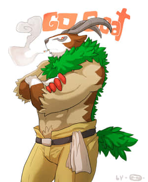 肌肉發達的擬人化山羊抽煙，有葉狀鬃毛和尾巴。 — 悟吉達 壁紙