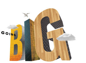 「BIG」呢個詞用有質感嘅3D字母寫成，上面有雀仔飛緊同雲飄浮。