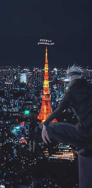 動漫角色在夜晚俯瞰東京鐵塔，燈光閃爍。
