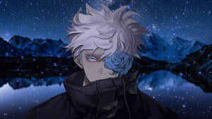 動漫角色手持藍玫瑰，背景為雪山和星空湖水。 — 悟吉達 壁紙