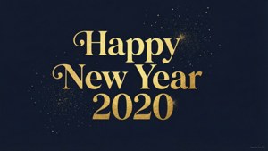 金色Happy New Year 2020文字在海軍藍背景上帶有閃爍粒子