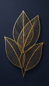 深藍色牆上的金色線葉藝術
