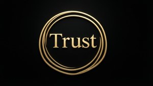 黑色背景上，金色字母「Trust」被同心金色圓環包圍。