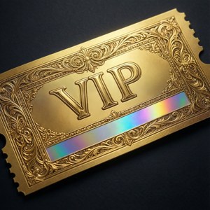 金色VIP門票，帶有精緻設計和彩虹條紋，深色背景