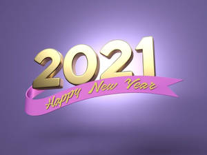 金色2021文字，配以粉紅色絲帶，在紫色背景上寫著新年快樂。